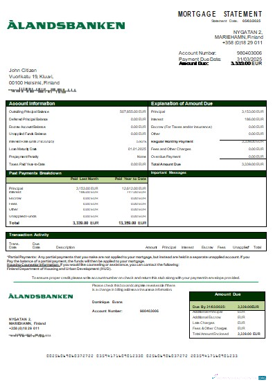 Download Finland Aland bank mortgage statement scr Photoshop template